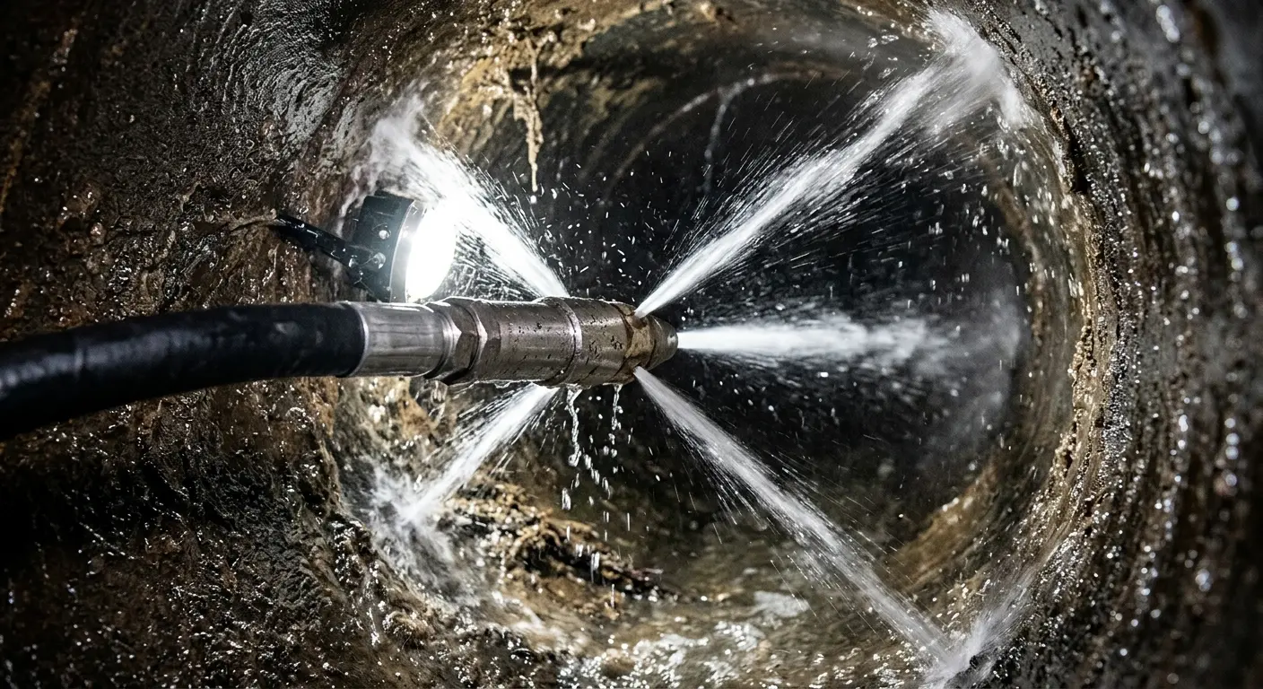 High-pressure hydro jetting nozzle cleaning sewer pipe for Sewer Cleanout in West Chicago